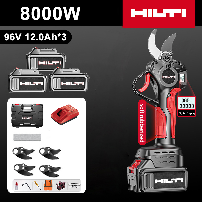 Visor de alimentação LED - (36 horas de duração da bateria) Tesoura de poda com bateria de lítio com motor sem escovas de 8000 W + baterias 96V 12,0Ah * 3 + carregador + lâminas de liga SK9 * 4 + tiras de glacé * 1 + caixa de ferramentas + óleo lubrificante + óculos de proteção, 10 anos de garantia